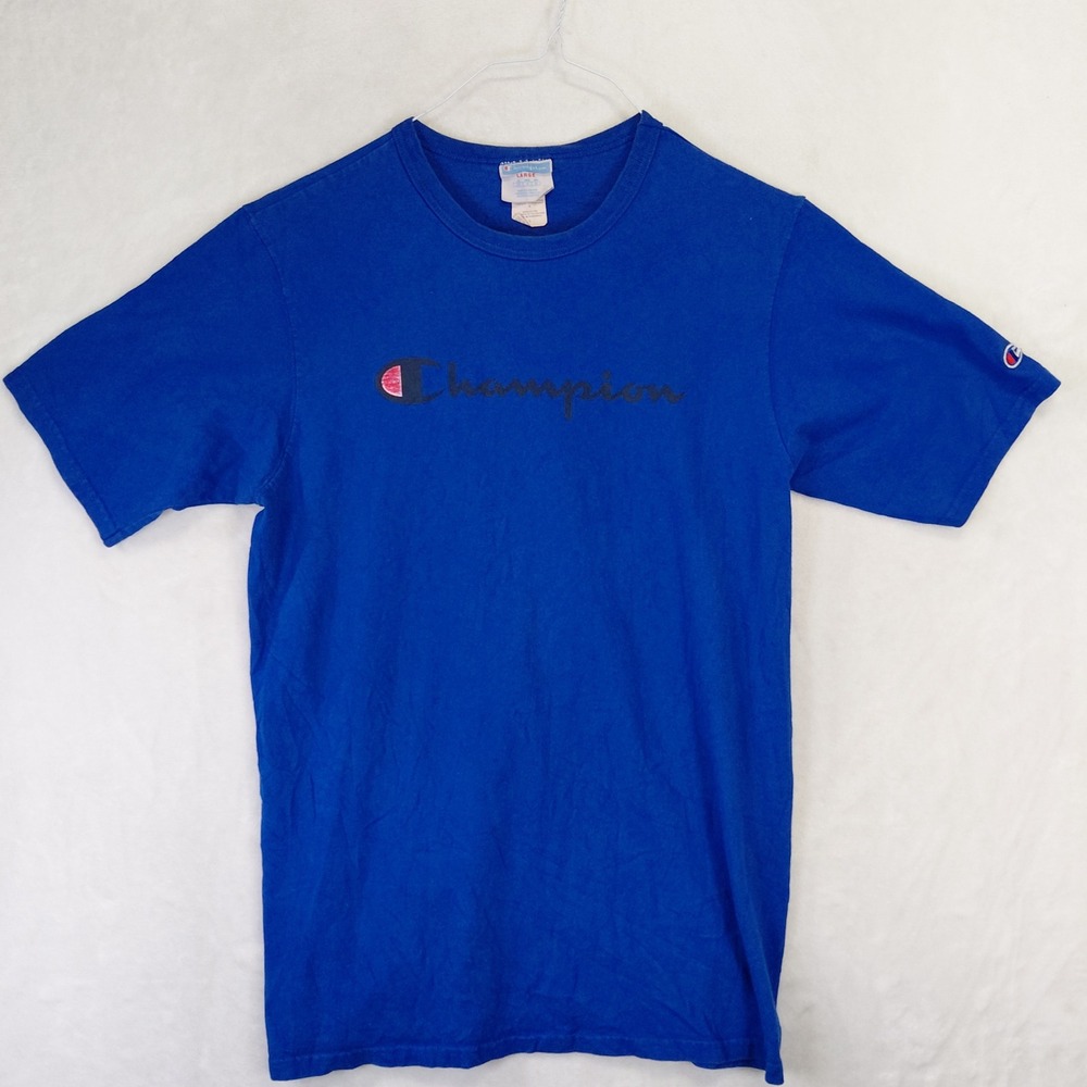 Champion Mens Vintage Script Logo T-Shirt Royal Blue Large Short Sleeve Cotton - Picture 1 of 7